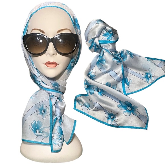 100% Silk Scarf - ELAINE GOLD for Collection XIIX - Blue White Floral 53” x 10” - Picture 2 of 13